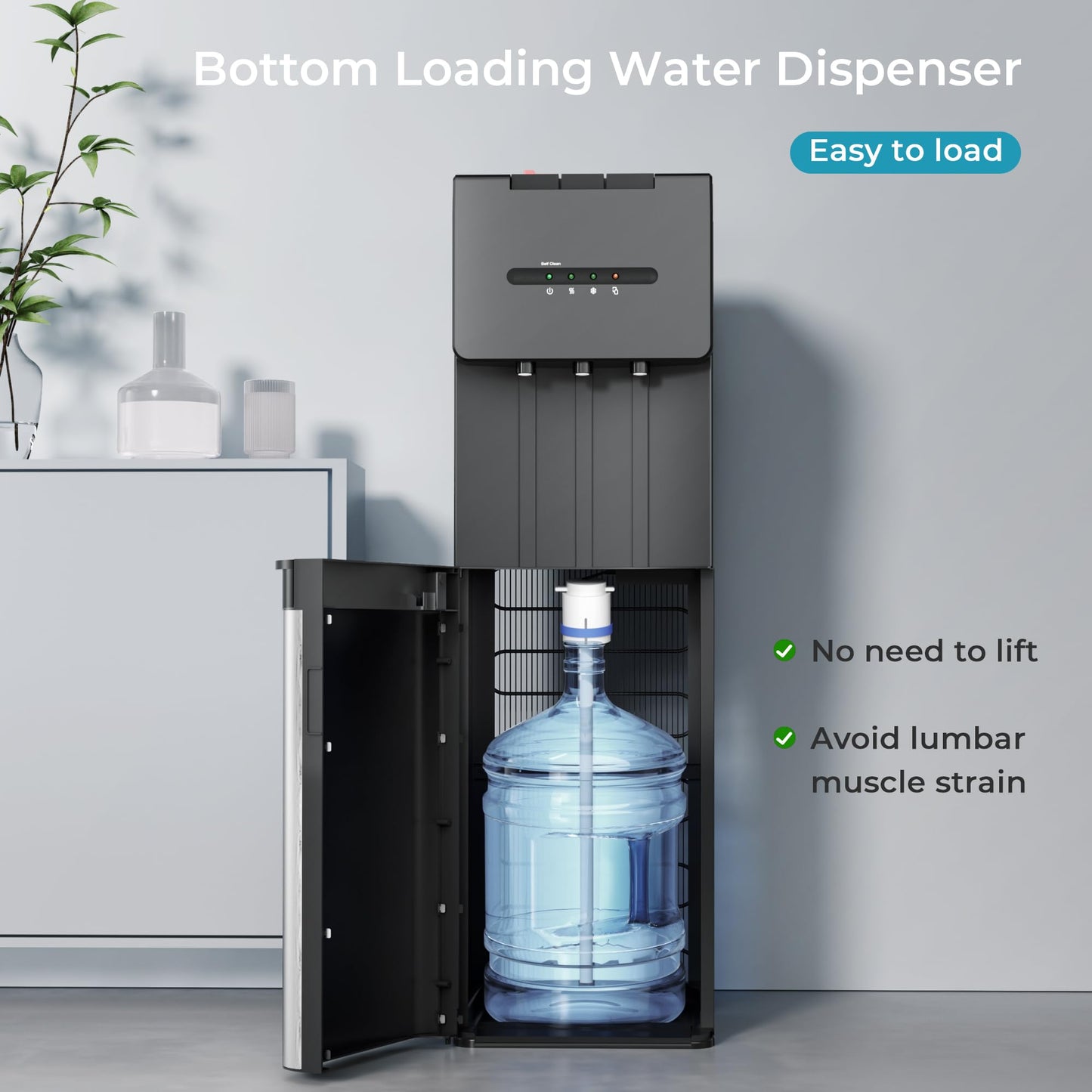 EUHOMY Self Cleaning Bottom Loading Water Dispenser for 3 or 5 Gallon Bottles, Hot Cold and Room Water Cooler with Child Safety Lock, LED Indicator, Empty Bottle Alert, Home Office Apartment, Black