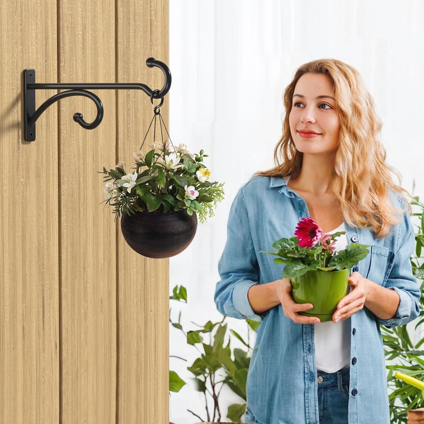 Skiennix 8-Inch Planter Hooks - Durable Metal Plant Hanger for Indoor/Outdoor Use | Black, 2-Pack
