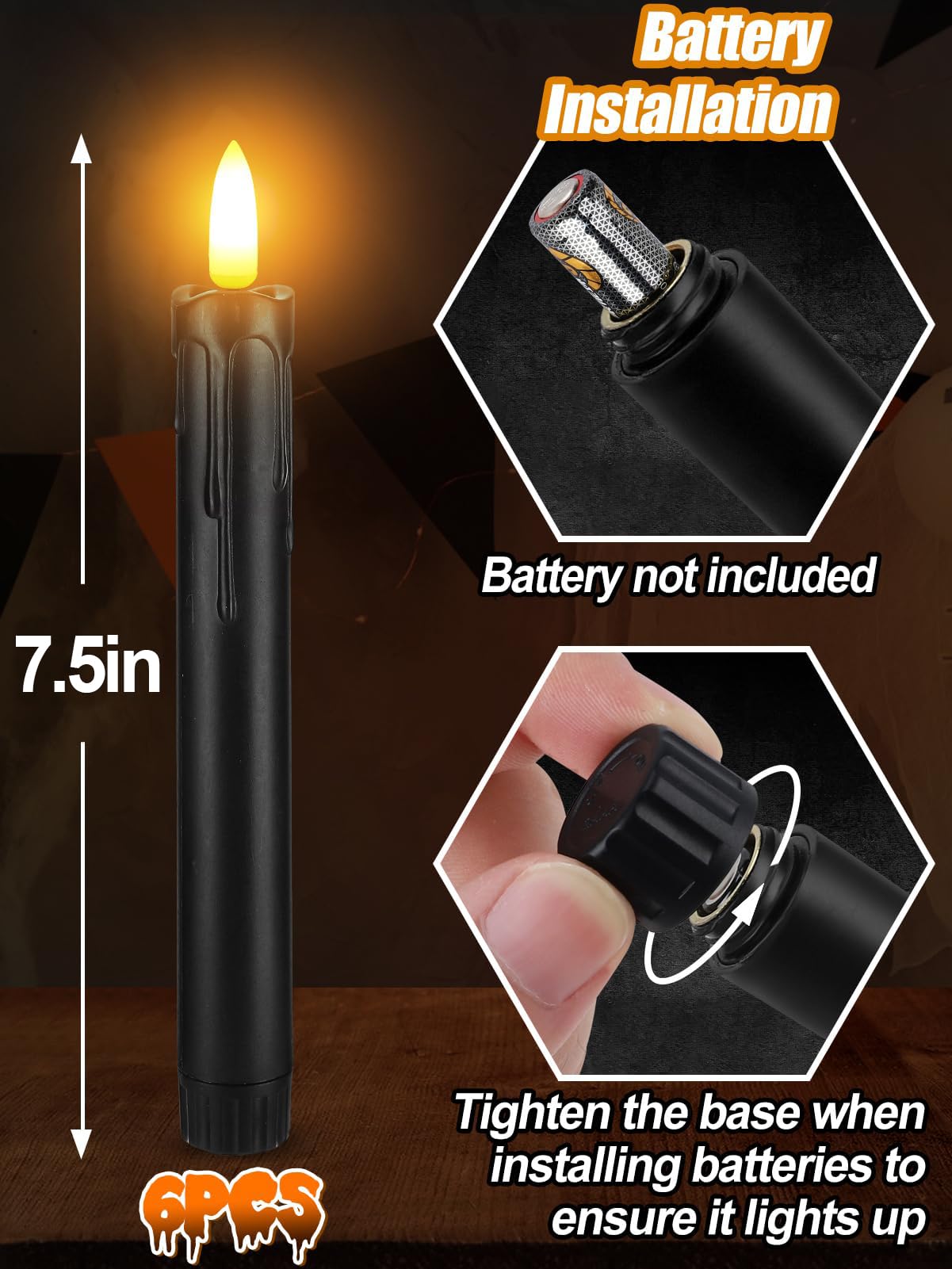 Black Halloween Flameless Candles with Timer - Wax Drip LED Flickering Taper Candlesticks Battery Operated, Smokeless Unscented for Fireplace Table School Bar Halloween Decor, 6 Pack