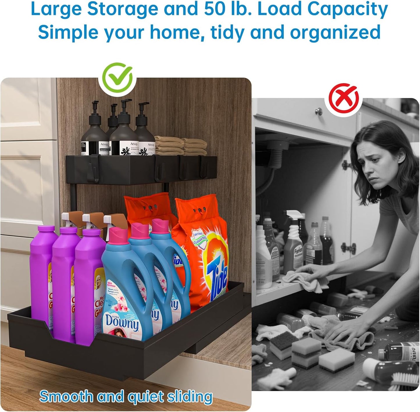 Nature's Source Under Sink Organizer - 2 Tier Sliding Storage Basket for Kitchen & Bathroom | Black
