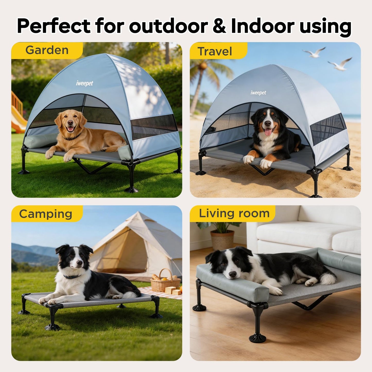 iweepet 4 in 1Elevated Dog Cot with Removable Canopy & Bolster Pillows for Extra Large Dog,Cooling Raised Outdoor Dog Bed with Breathable Teslin Mesh,Carry Bag for Camping,Patio, Backyard, 52''