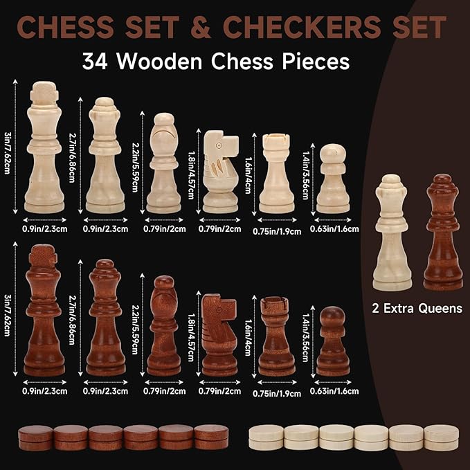 15 Wooden Chess Set | Folding Board 2 Extra Queens | Magnetic Chess Board Set for Adults & Kids Pieces Storage Slots Checkers Game for Kids Portable Travel Chess Game for Beginner