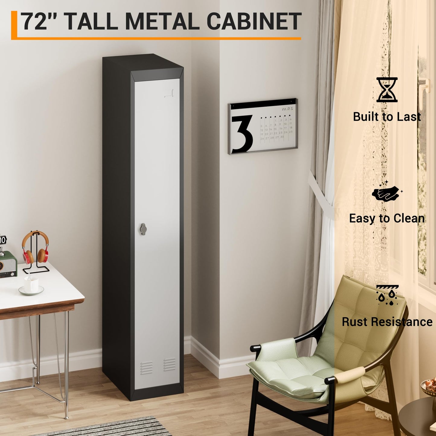 GAOMON 1 Door Tall Metal Locker with Key Employee Metal Locker, Lockable Heavy Duty Steel Employee Locker for Schools, Gyms, Homes, Offices, Utility Rooms, Grey and Black