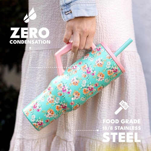 Elemental 40 oz Tumbler with Handle and Straw - Spill Proof Insulated Stainless Steel Commuter for Cold Beverages - Travel Coffee Mug with 2 Straws & Spill Proof Lid - 40oz - Vintage Flower