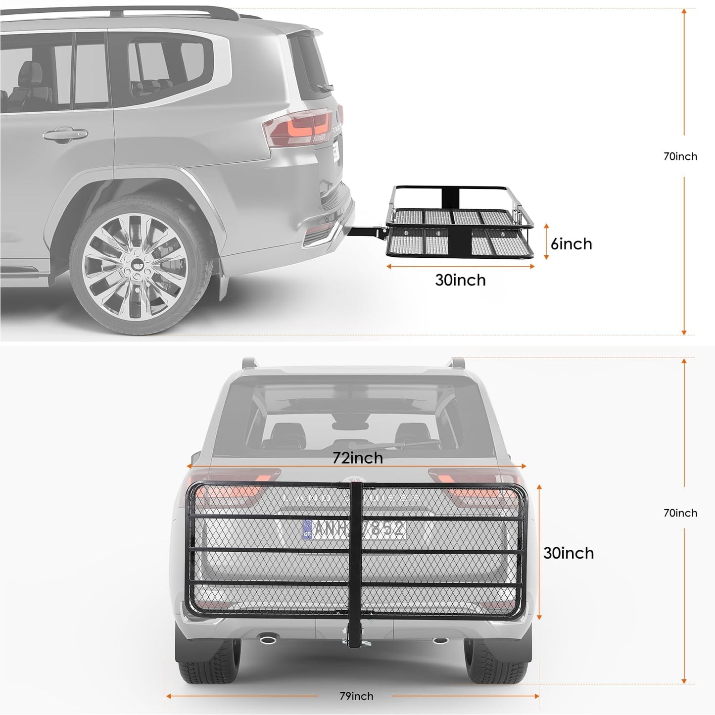 70" x 30" x 6" Folding Hitch Cargo Carrier Basket, Hitch Mount Cargo Carrier,500 Lb Capacity Heavy Duty Hitch Mount Rack with Ratchet Straps, Cargo Bag & Hitch Lock – Fits 2" Receiver for SUV & Truck