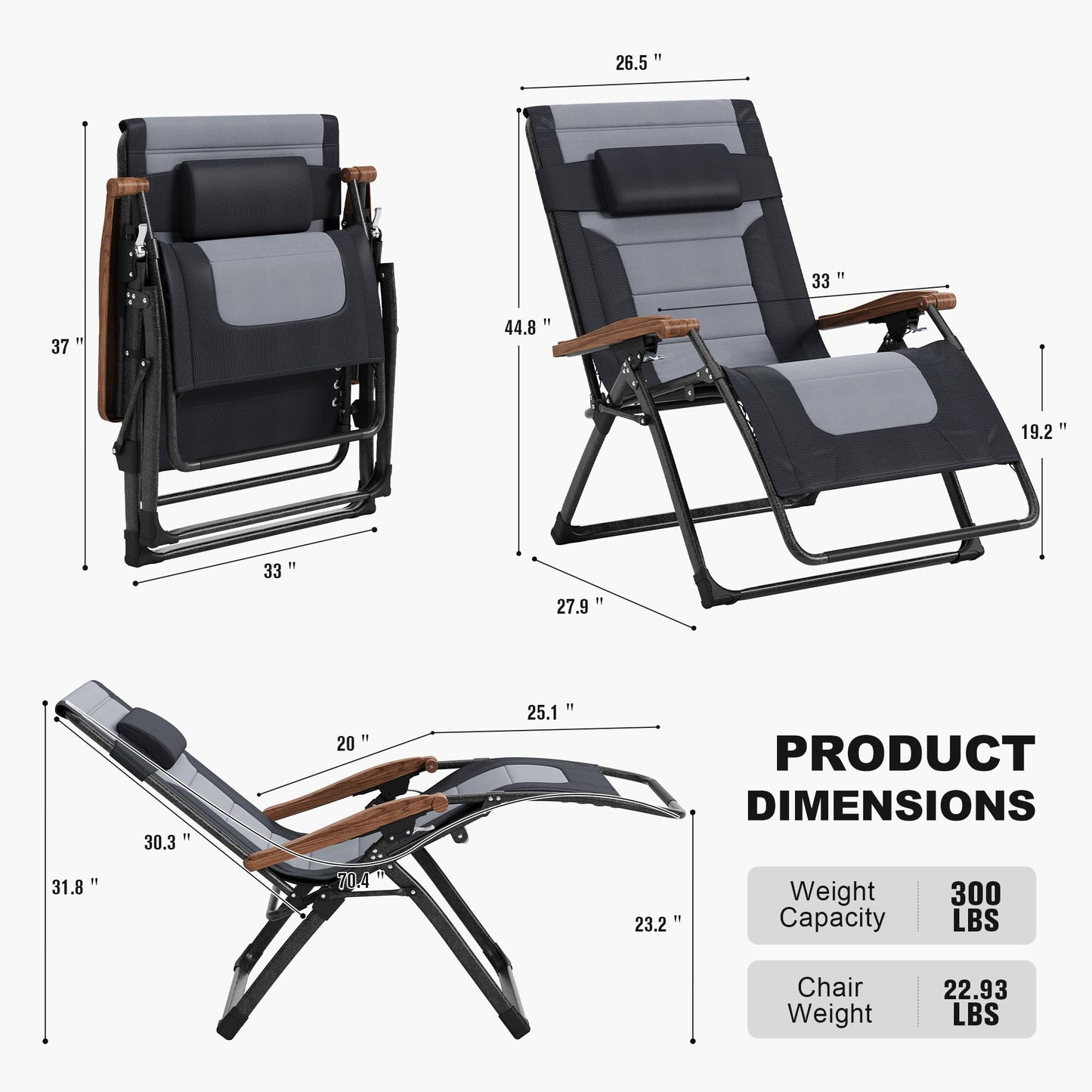 PURPLE LEAF Extra Wide Outdoor Reclining Chair Patio Zero Gravity Chaise Lounge Folding Chair with Quilted Cushion Adjustable Headrest for Lawn Camping Beach Pool Black and Grey