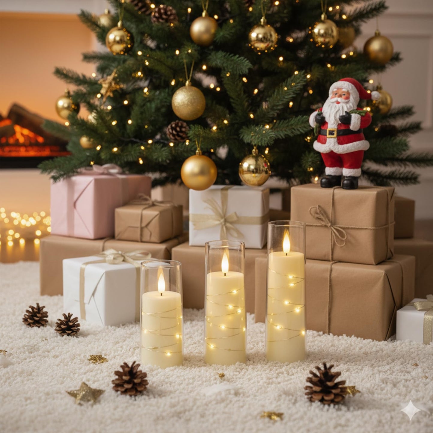 Raycare Flameless Candle with Remote Timer – 9 Flickering Acrylic Battery Operated LED Pillar Candles with Embedded Star String for Christmas, Wedding, Home Decor, and as a Gift (Ivory White)