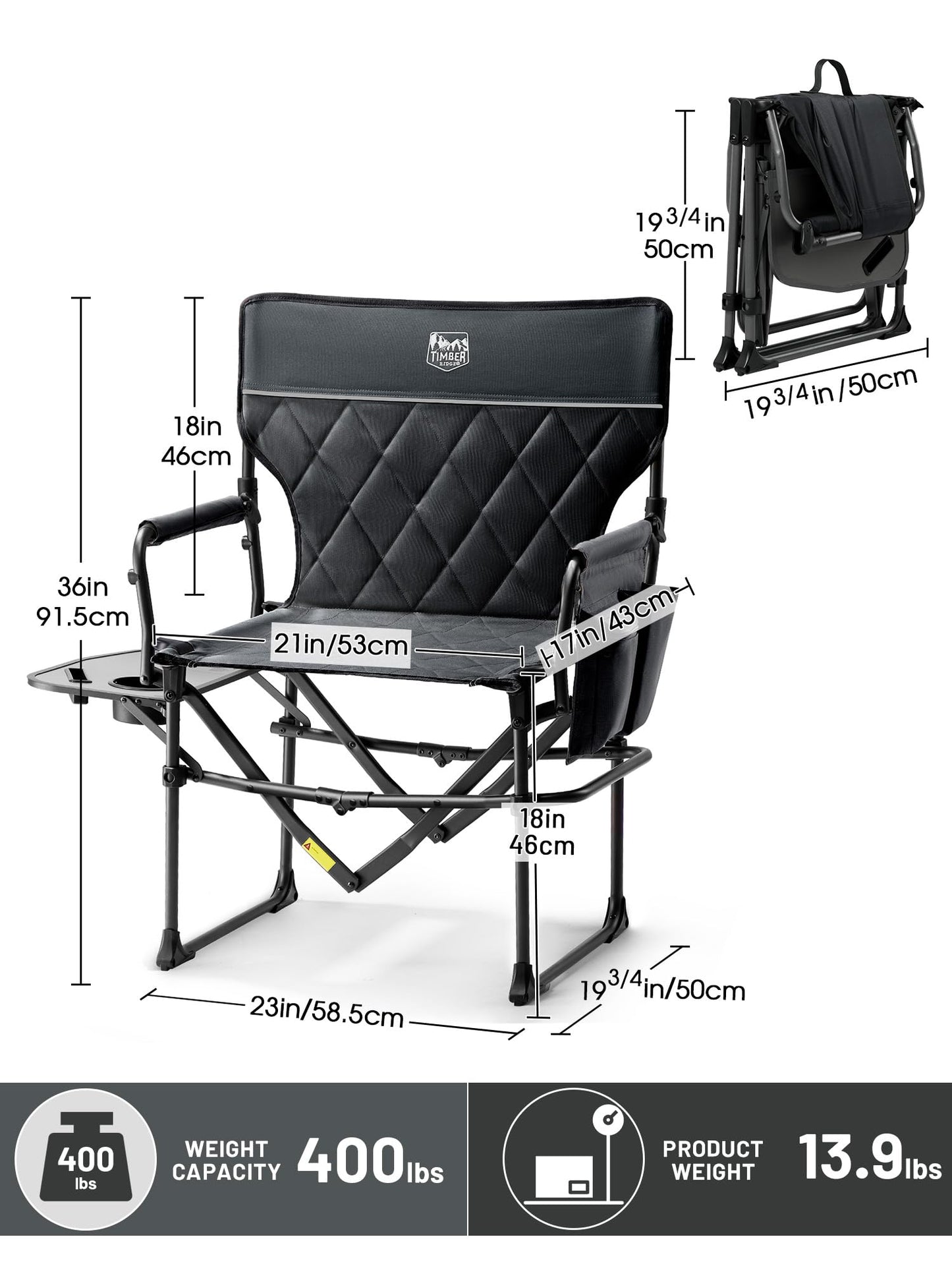 TIMBER RIDGE Heavy Duty Camping Chair with Compact Size, Portable Directors Chair with Side Table and Pocket for Camping, Lawn, Sports and Fishing, Supports Up to 400lbs, Black 2 Pack