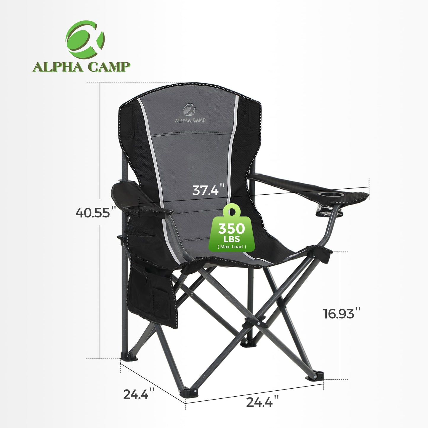 ALPHA CAMP Oversized Camping Folding Chair Heavy Duty Steel Frame Support 350 LBS Collapsible Padded Arm Chair with Cup Holder Quad Lumbar Back Chair Portable for Outdoor/Indoor (Black grey-2PC)