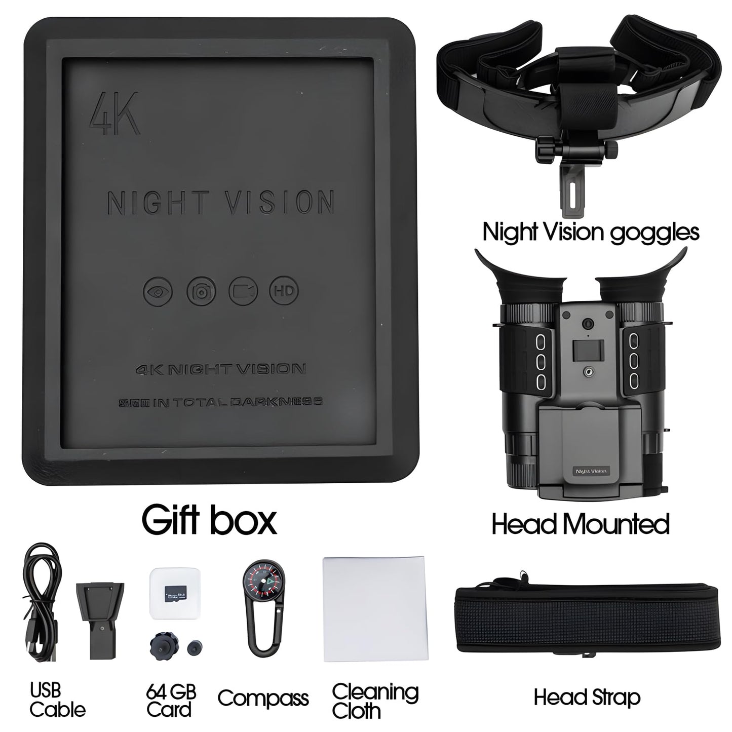 Head Mounted Night Vision Goggles with Screen for Adults 2000FT - 4K Night Vision Binoculars, Infrared Goggles with 64GB Card with Flashlight 8X Digital Zoom Outdoor Exploration Camping