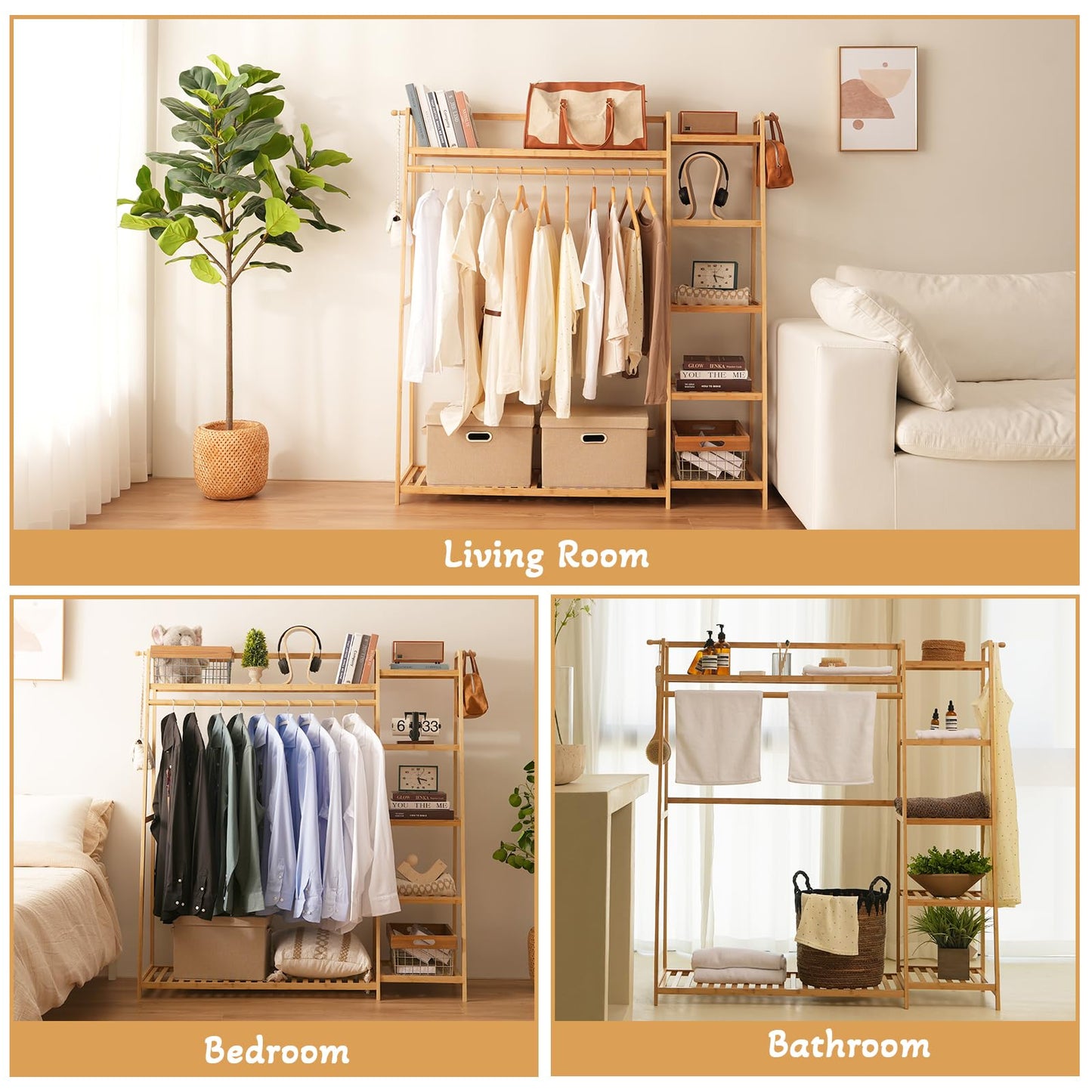 Baveke Bamboo Clothing Garment Rack Frame Made of FSC-Certified Bamboo, 7 Tier Storage Shelf Coat Clothes Hanging Rack, Portable Wardrobe Closet Organizer, Shoe Storage Shelves for Bedroom, Natural