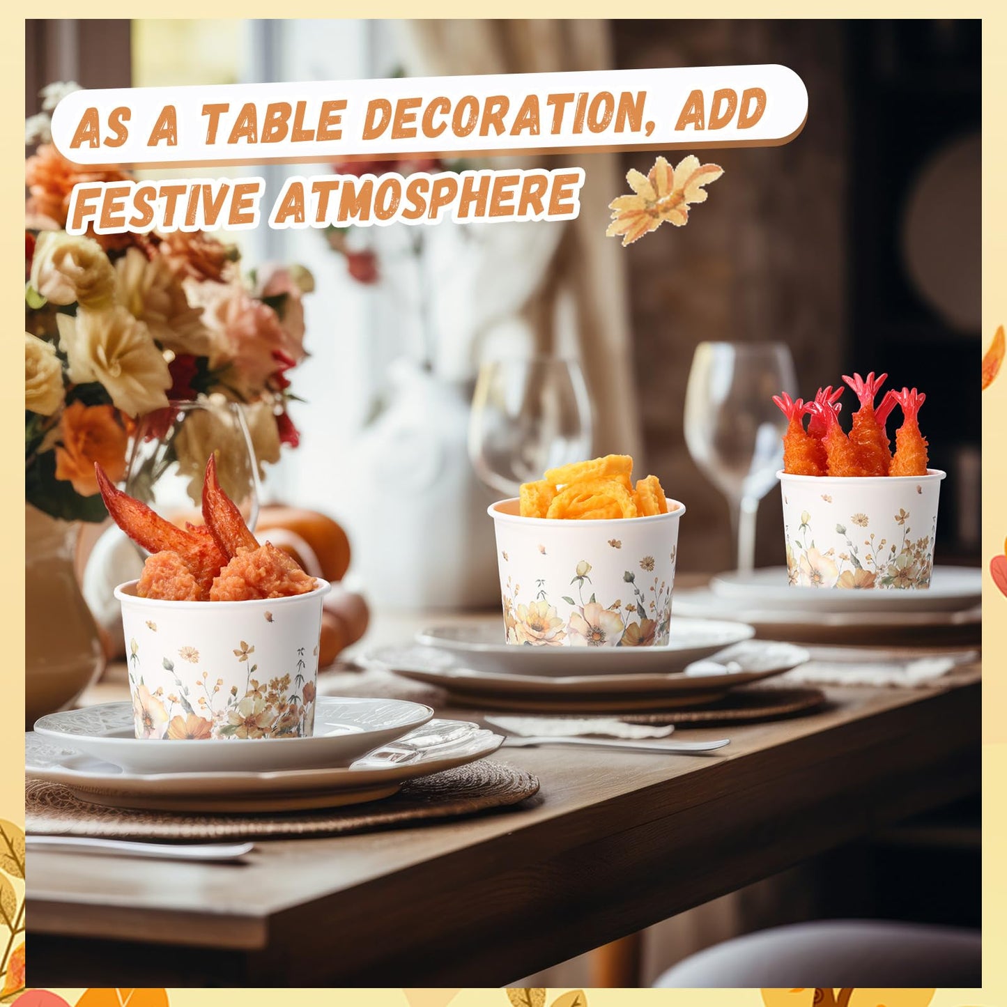 Funnymoom 50 Pack Fall Floral Treat Snack Cups Autumn Flowers Paper Ice Cream Cups 9 oz Watercolor Flower Disposable Dessert Bowls for Hot or Cold Food Fall Wedding Baby Shower Birthday Party Supplies