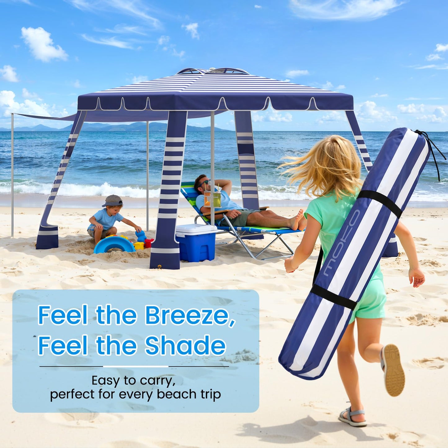 MoKo Beach Cabana,120 Sq. Ft. Large Beach Canopy Tent Sun Shade, UPF 50+ Protection Easy Setup Beach Tent, Adjustable Height Wind Resistant Cabana Sun Shelter for Whole Family, Navy Stripes