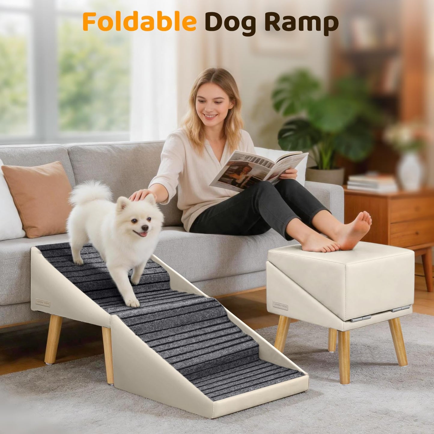 Dog Stairs for Small Medium Large Dogs, Cats, Puppies, Seniors & Injured Pets, 17" H 4-Step Foldable 2-in-1 Solid Wood Pet Steps & Split Ottoman, Non-Slip Dog Ramp for Couch Sofa Low Bed, Holds 250LBS