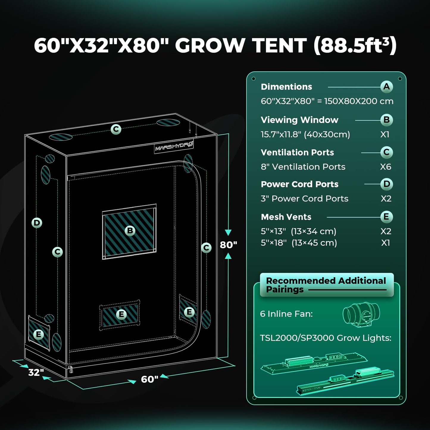 MARS HYDRO 5x2.6 Advanced Grow Tent, 60"x32"x80" High Reflective Mylar 1680D for Hydroponics Indoor Plant Growing, with Observation Window,Floor Tray and Smooth Zipper for TSL2000/SP3000