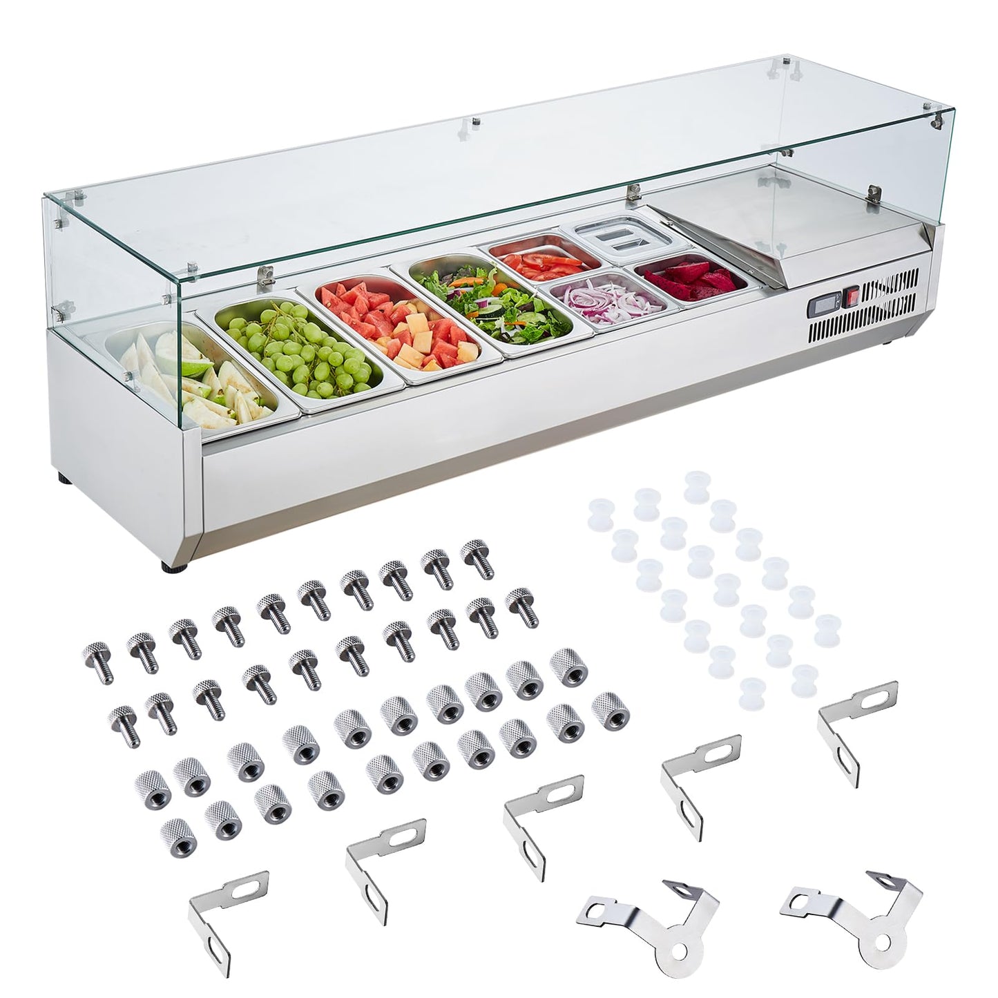 VEVOR Condiment Prep Rail Station, 150 W Countertop Refrigerated Condiment Station, with 4 1/3 4 1/6 Pans, 304 Stainless Body and PC Lid, Sandwich Prep Table with Glass Guard, ETL, Silver