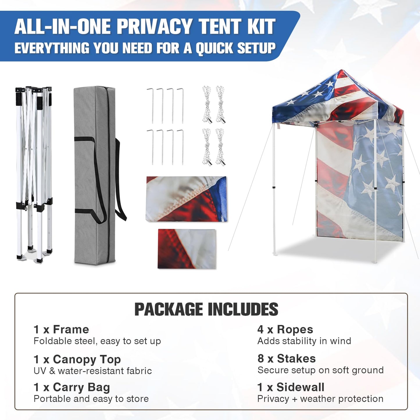 EAGLE PEAK Pop up Canopy 5x5, Outdoor Portable Canopy Tent with One Removable Sunwall, Carry Bag Included, Stars and Stripes