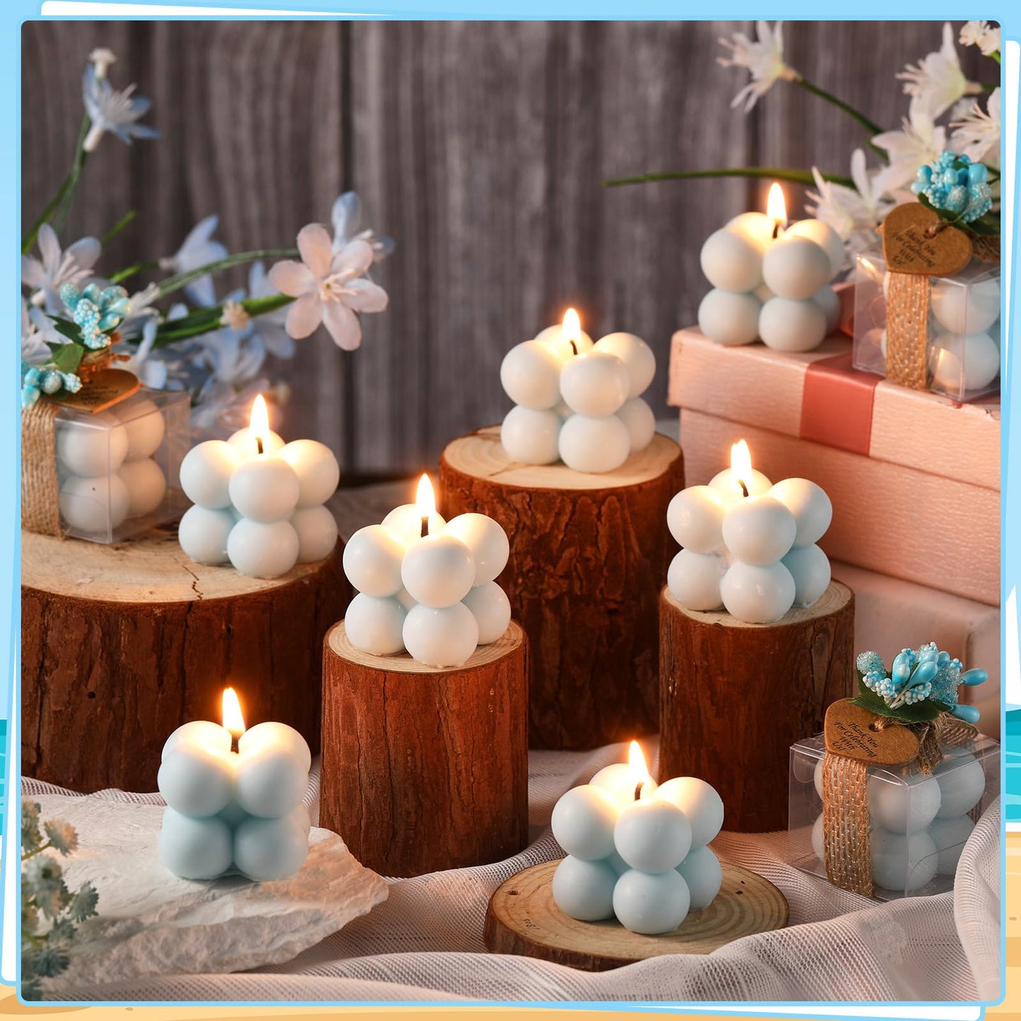 MTLEE Mini Bubble Candles Wedding Favors Gifts for Guests 1.57" x 1.38" Bubble Candles with Cards Dried Flowers DIY Gift Set for Baptism Party Bridal Shower Thank You Gifts(Blue,30 Sets)