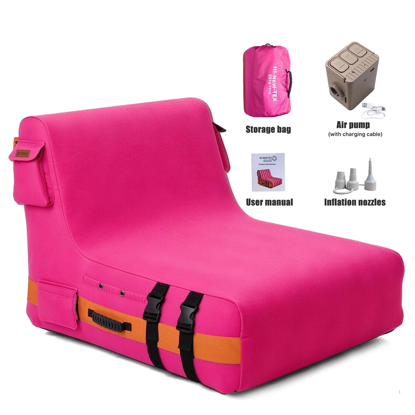 HI-NEW-TEX Inflatable Couch with Removable Electric Pump: Portable Air Sofa Lounger for Camping, RV Travel, Beach, Festivals, Backyard and Dorm Rooms, Pink