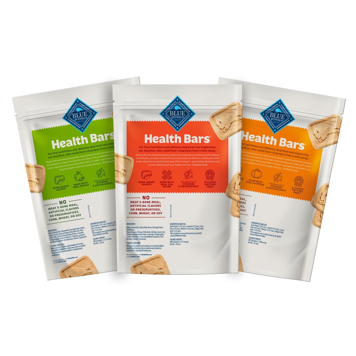 Blue Buffalo Health Bars Crunchy Dog Biscuits, Variety Pack, Bacon, Egg & Cheese, Apple & Yogurt, Pumpkin & Cinnamon, 16-oz Bags