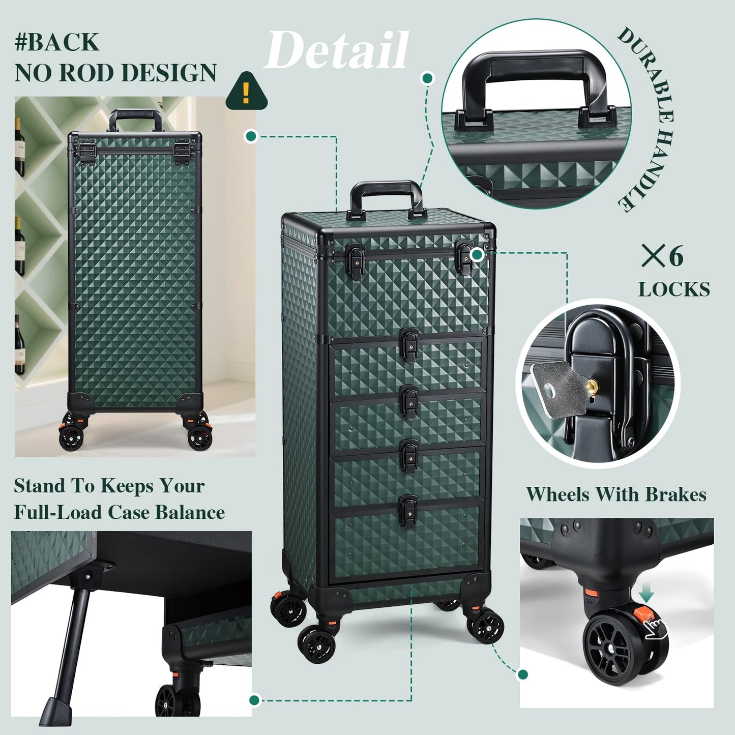 Yueieoun Nail Salon Cart with 4 Drawers,Rolling Makeup Train Case for Beauty,Cosmetology Case on Wheels Trolley Cart,Lockable Organizer Travel Case for Manicure/Face Painting/Hairstylist,DARK GREEN