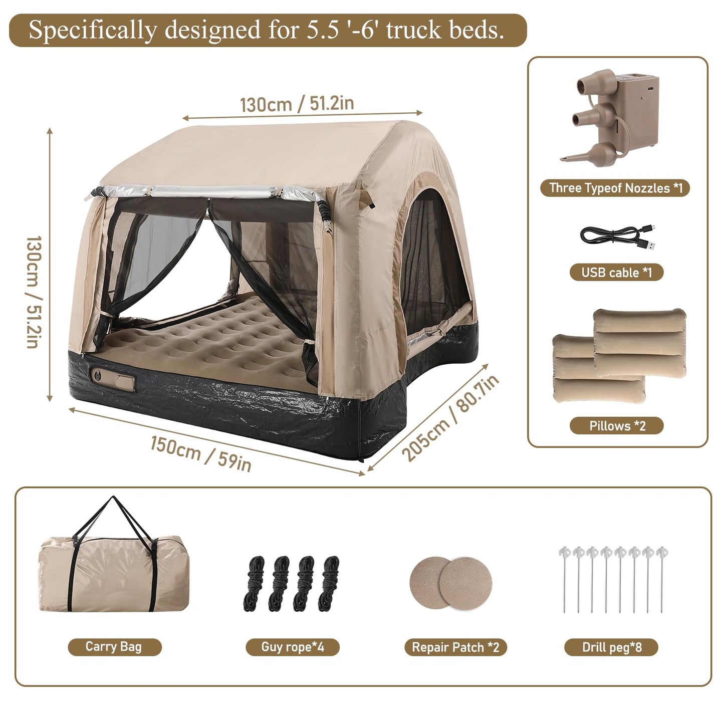 MIRUNNY Truck Bed Tent for 5.5ft-6.7ft,Auto Inflate Deflate Built in Wireless Rechargeable Air Pump,Waterproof Pickup Tent Air Mattress Camping for Ford F150, Silverado