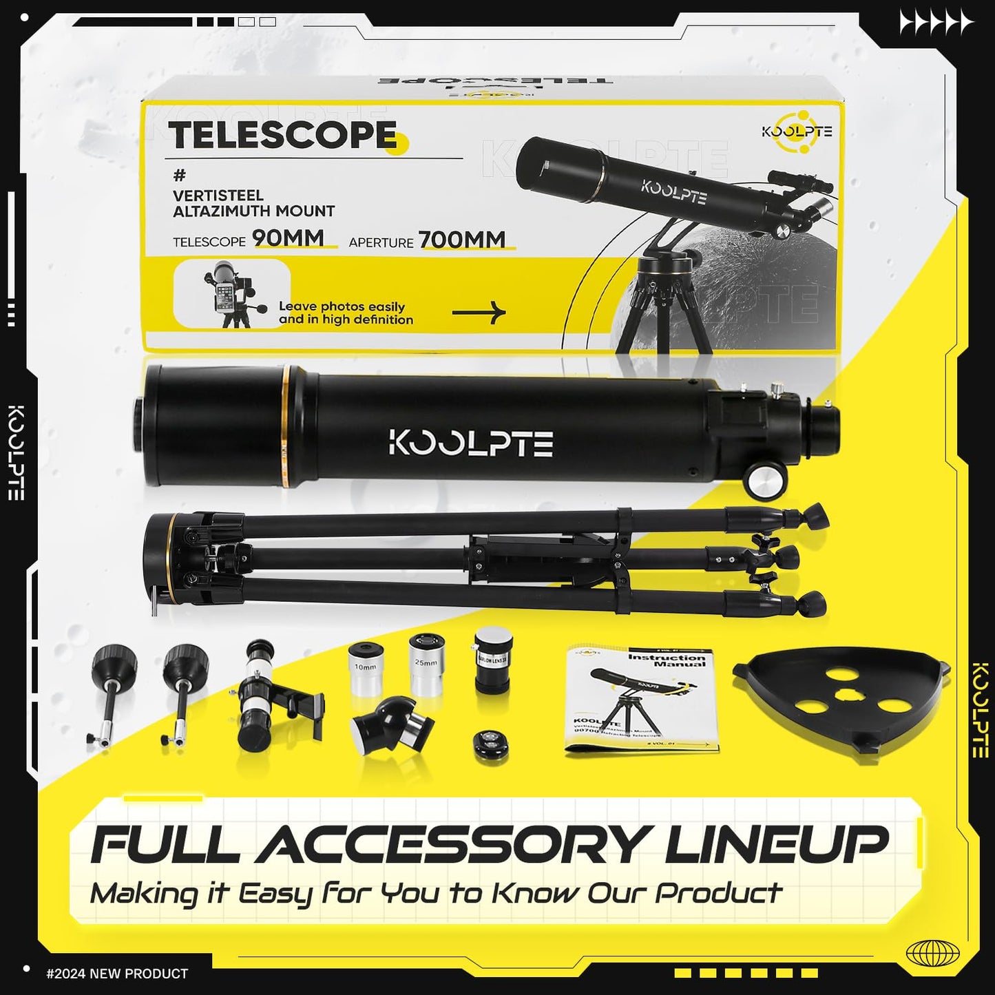Telescope, 90mm Aperture 700mm Professional Telescope for Adults, High Power with Upgraded Vertisteel AZ Slow-Motion Mount Telescopes for Astronomy Beginners, Stainless Steel Tripod, Phone Adapter,Bag