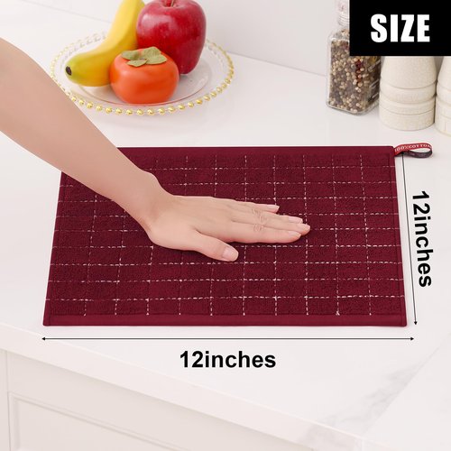 Homaxy 100% Cotton Terry Kitchen Towels(Burgundy Red, 13 x 28 inches), Checkered Designed, Soft and Super Absorbent Dish Towels, 6 Pack