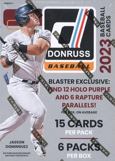 2023 Panini Donruss Baseball Factory Sealed HUGE Blaster Box with (90) Brand New Cards Including (12) HOLO PURPLE & (6) RAPTURE PARALLELS!