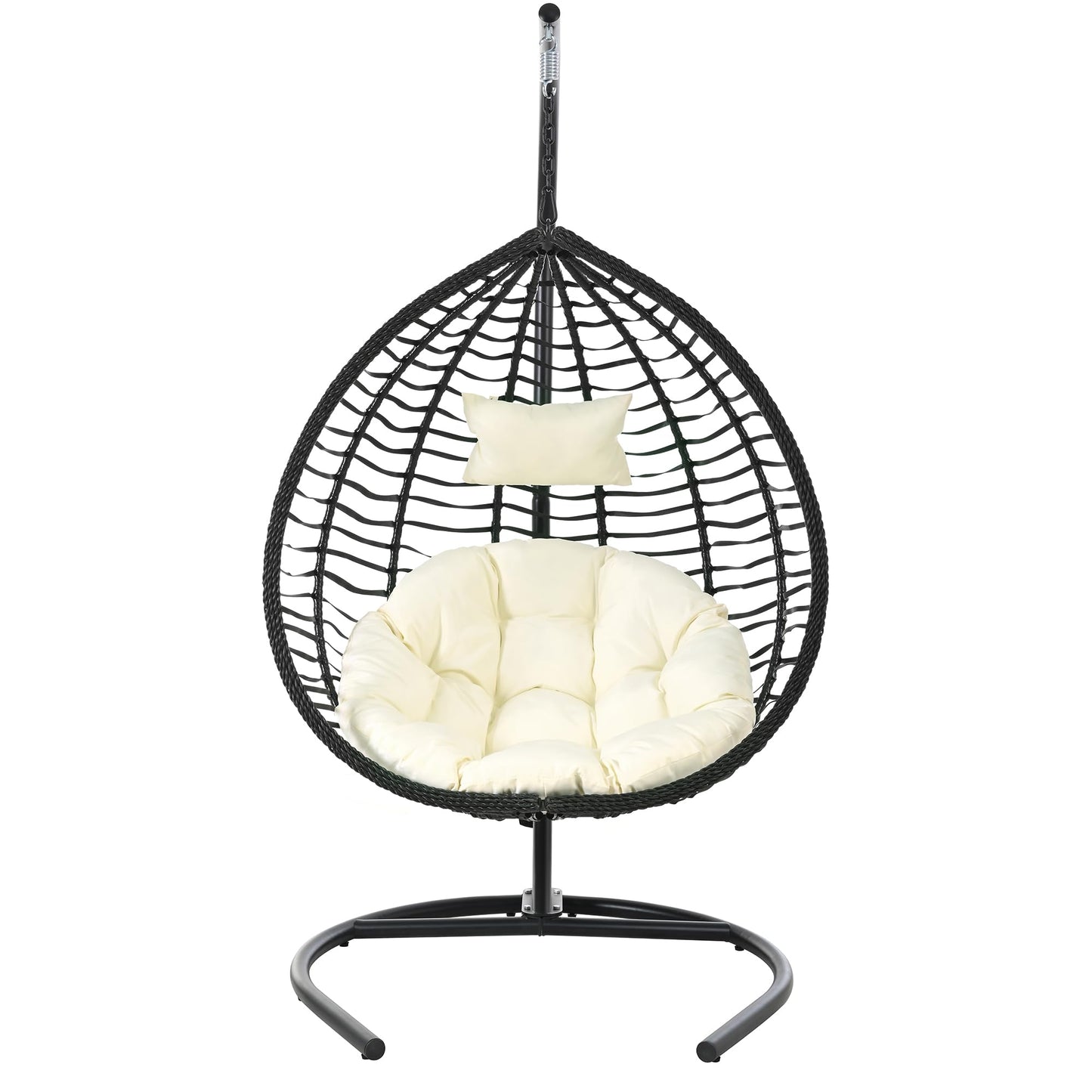 Merax Indoor Outdoor Hanging Hammock Chair with Stand, Foldable Rattan Egg Swing Chair with Iron Frame and Plush Cushion & Removable Headrest,Suitable for Porch Garden,Balcony,Indoor, Black+Beige