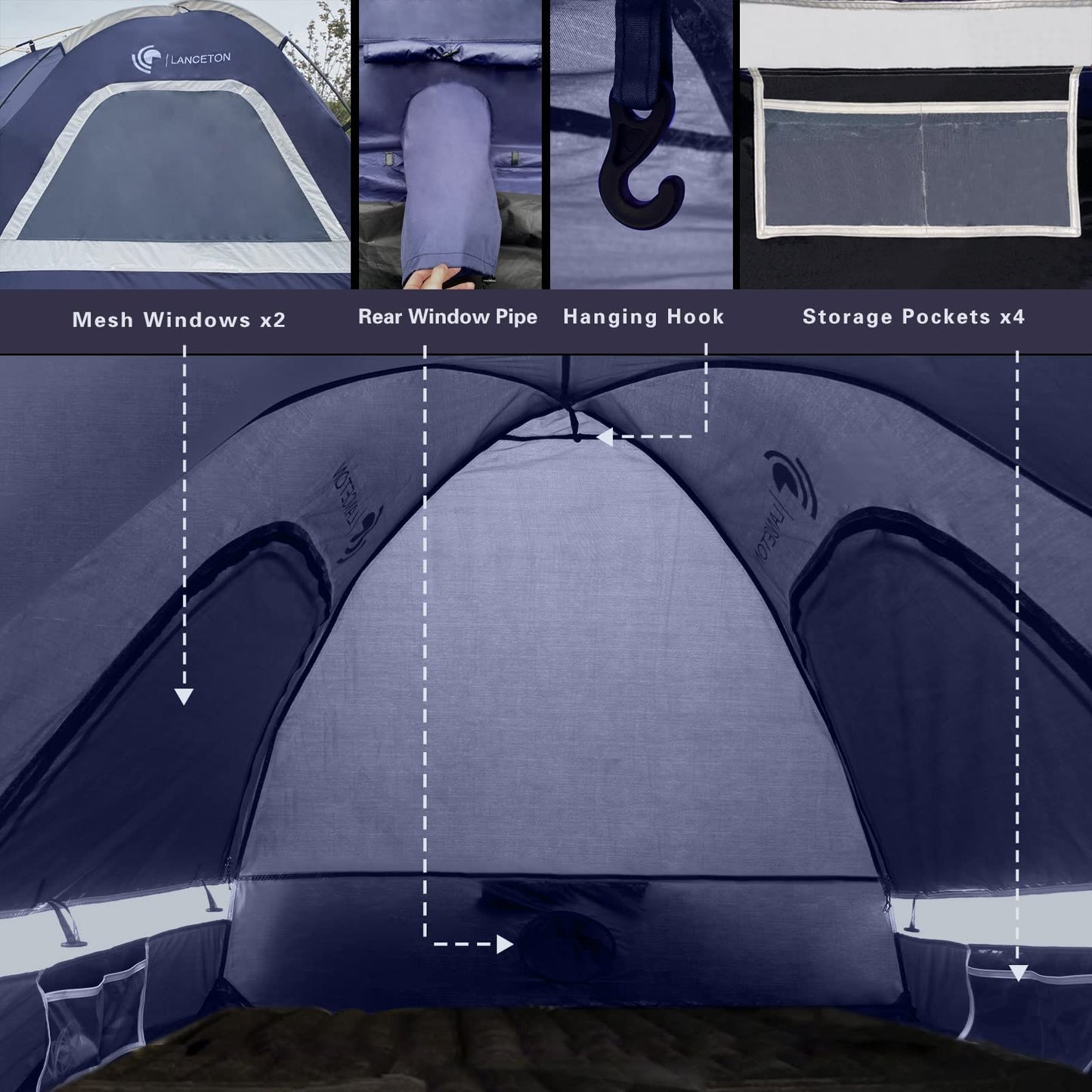 Lanceton Pickup Truck Tent, Fit 6.5 Foot Truck Bed, Waterproof PU3000mm high Density Polyester Oxford, Windproof Pole and Insect-Prevention Double Layer Mesh Window & Door, Unique Rear Window Pipe