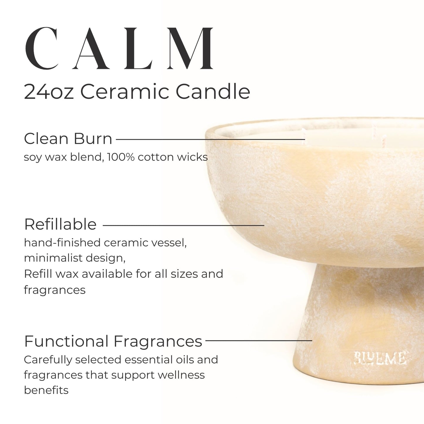 Blueme Calm Candle | Osmanthus & Sandalwood | 5 Wick - Refillable Wellness Candle with Essential Oils, Hand Finished & Poured Soy Wax Blend Ceramic Vessel, Natural Cotton Wicks | Large 24 oz