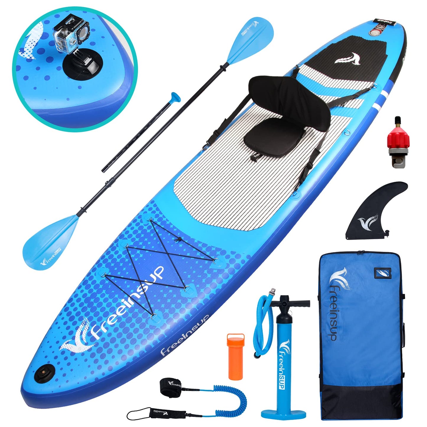 Freein SUP Inflatable Stand Up Paddle Board with Kayak Seat,Paddle Boards for Adults, Accessories sup Pump Adaptor,sup Kayak Paddle(Blue, 11')