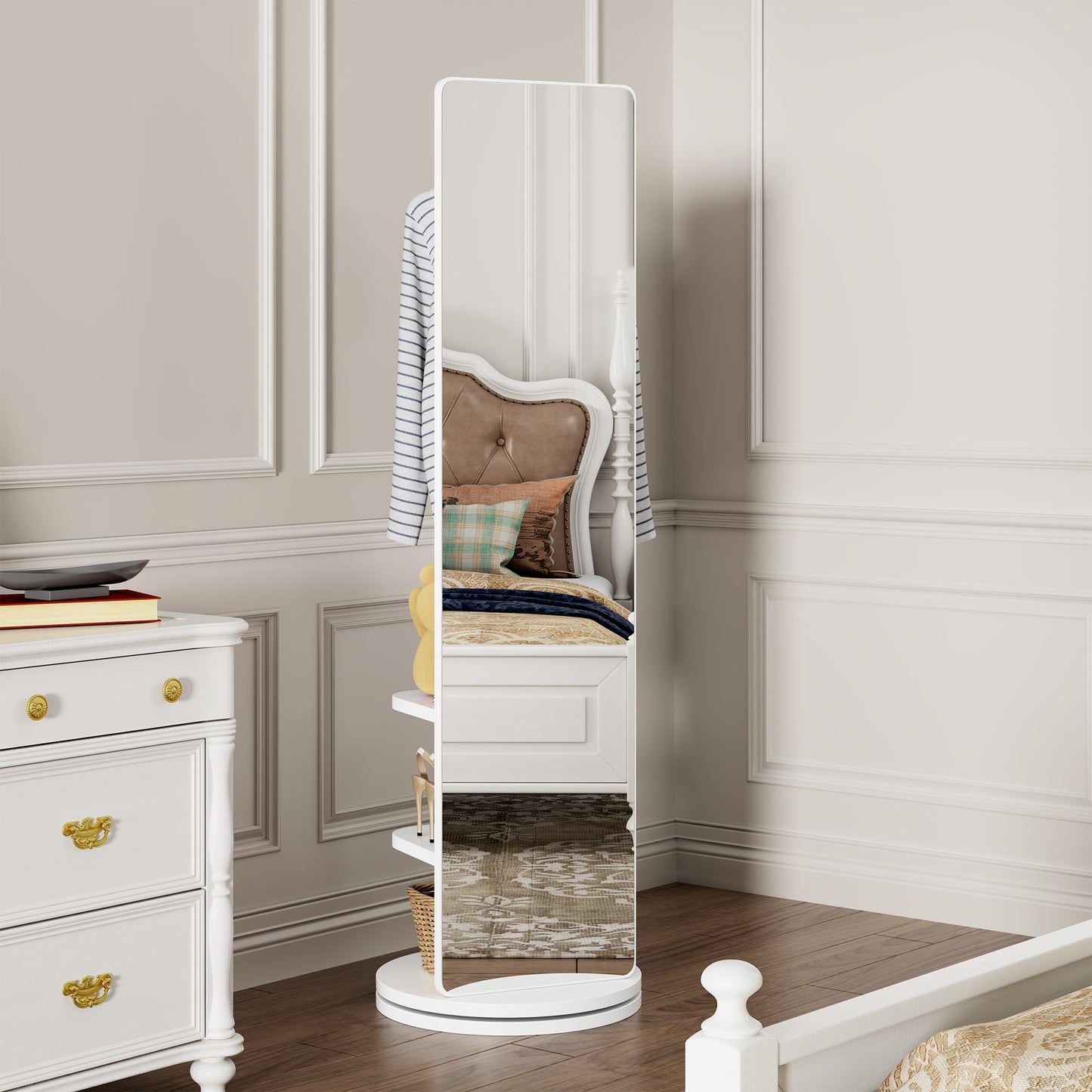 KEIKI Full Length Mirror with Cloak Rack, 66"x18" Rotatable Rubber Wood Full Body Floor Mirror for Bedroom, Living Room & Dressing Room – White