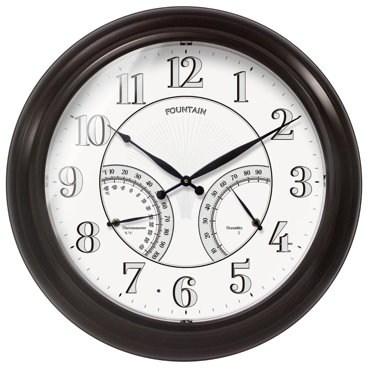 FOUNTAIN DESIGNS 24" Jameson in/Outdoor Lighted Clock, Self-Illuminated, Waterproof, 3 in 1 Weather Station (Thermometer & Hygrometer), Metal Clock, Oil Rubbed Bronze Finish(Night Light)