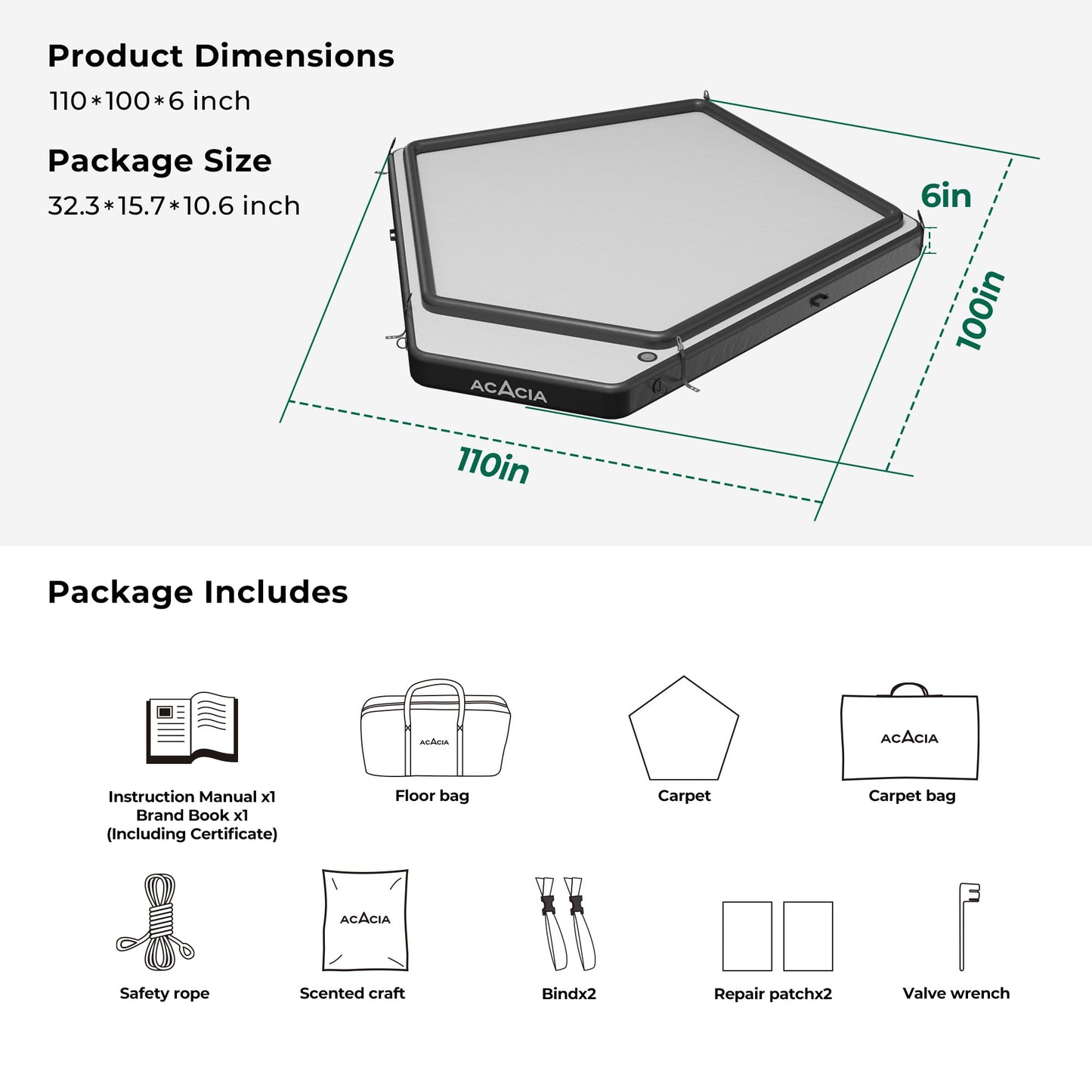ACACIA Air Floor 2-3 Person for Space Camping System, 4-Layer, 6-Inch-Thick Inflatable Floor for Floating Tent, Waterproof Moistureproof Camping Base with Removable Carpet, Repair Patch, Carry Bag