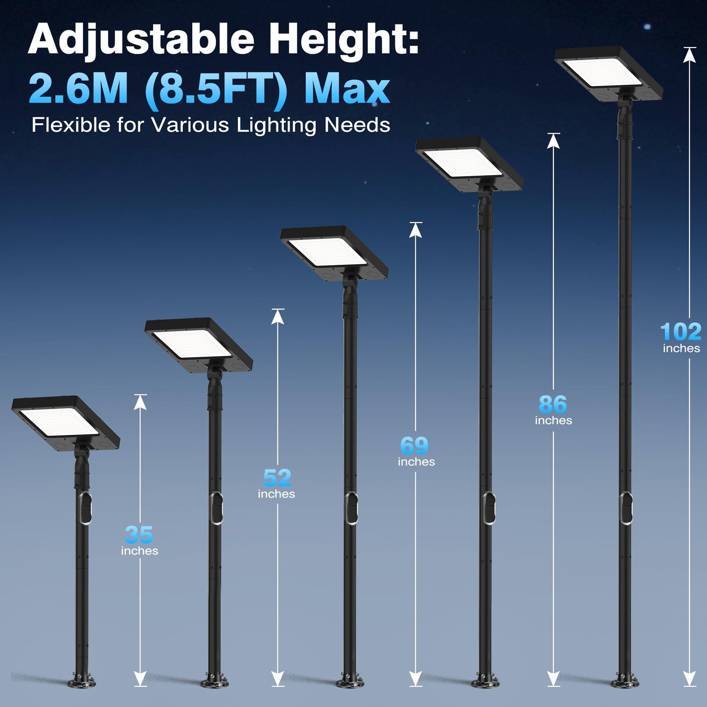 Mowizip 100" Solar Lamp Post Lights with Pole & Remote, Outdoor IP65 Waterproof 420 LEDs Solar Street Lights, Black Metal Flood Solar Motion Pathway Lights for Yard, Garden, Patio, Lawn, Garage