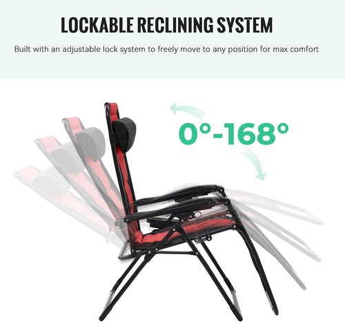 JEAREY Oversized Padded Zero Gravity Chair - Comfortable Folding Lounge Chair with Headrest & Cup Holder | Black/Red