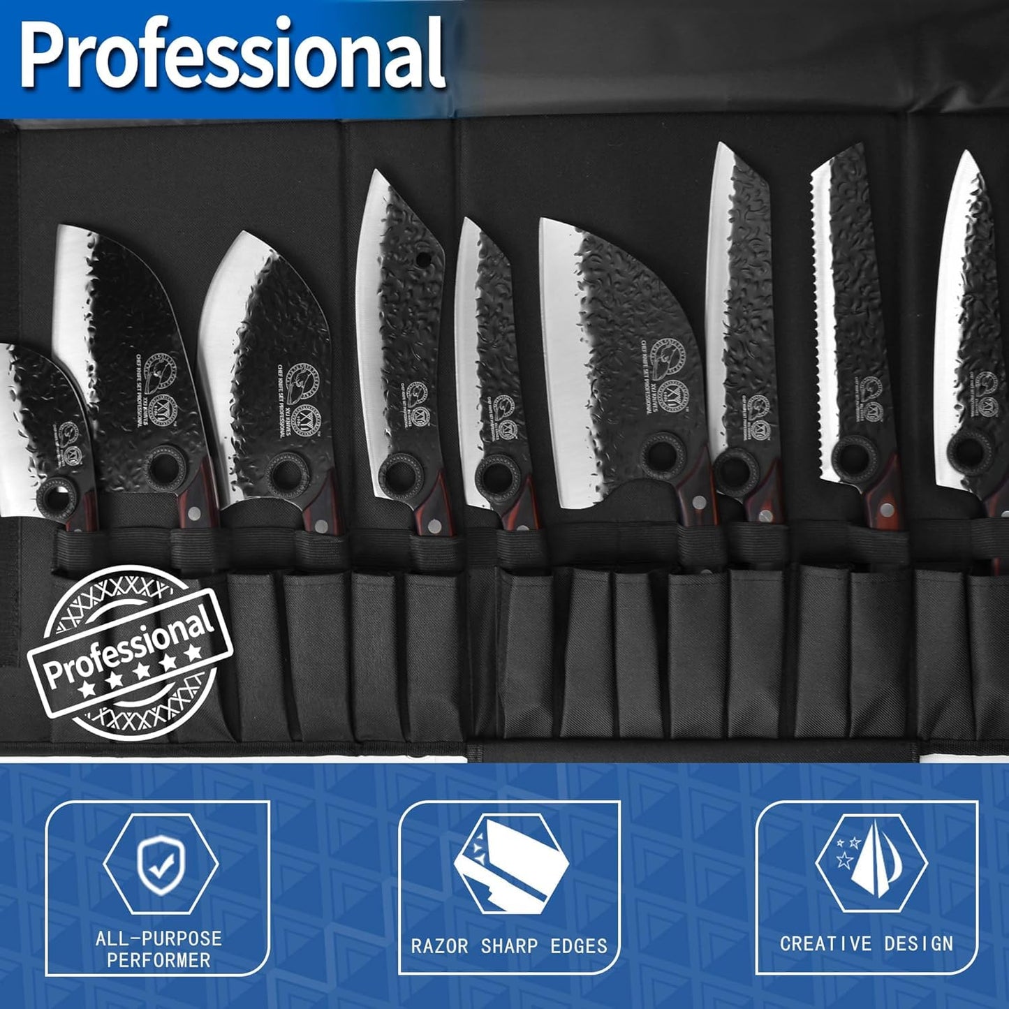 XYJ Professional Serbian Chef Knife Set with Roll Bag, Japanese Culinary Knives, Meat Cleaver, Kitchen Chopping Knife, and Protective Sleeves, Perfect for Home Cooking or Outdoor Camping (13)