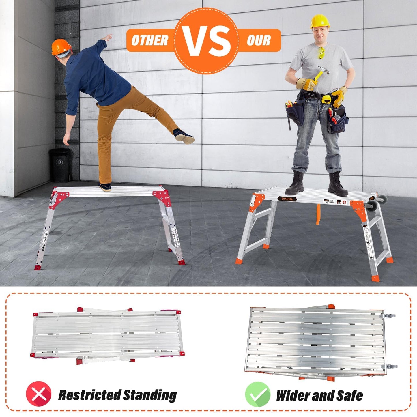 Multifunctional & Adjustable Work Platform with Wheels, 330 lbs Capacity, 25 to 35 inches Step Ladder, Aluminum Folding Scaffolding Ladder, Heavy Duty Portable Bench Ladder Stool with Non-Slip Feet