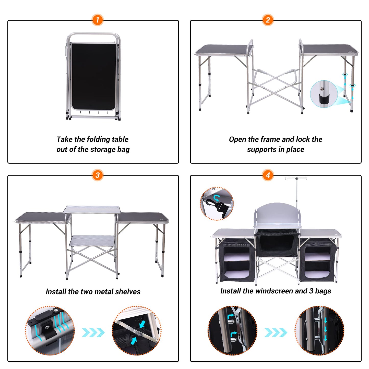 Nice C Camping Kitchen Table, Folding Grill Table, Upgrade Light Stand and Windshield Cooking Station & 3 Organizers, Carry Bag for Outdoor, Beach, BBQ, Picnic, Cooking, Indoor, Office(Silver)