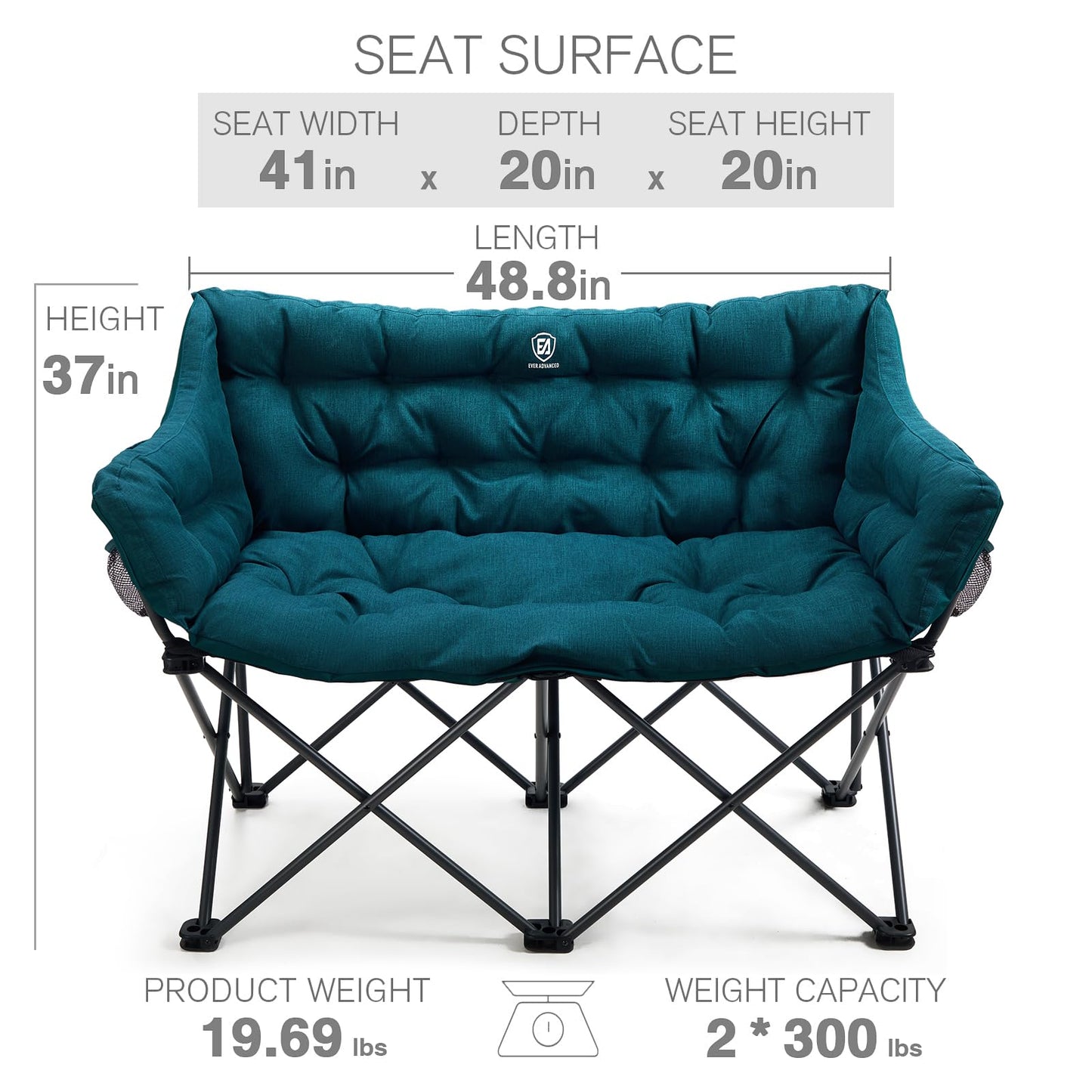 EVER ADVANCED Double Camping Chair for Adults, Padded Folding Camping Love Seat with Side Pocket Portable Camping Couch, Two Person Heavy Duty Folding Outdoor Chair with Cushion,Support 600lbs,Green