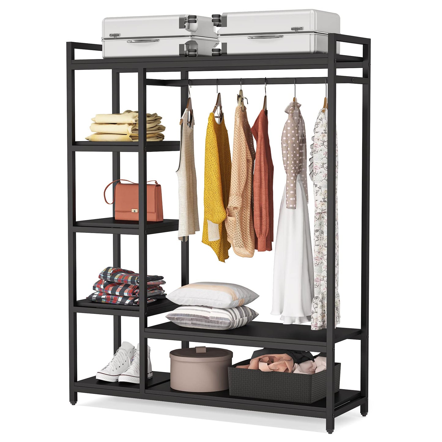 LITTLE TREE Free Standing Wood Closet Clothes Rack,Heavy Duty Grament Rack with Shelves,Hanging Racks for Clothes Clothing Rack for Bedrom,Wardrobe Closet Organizer,350 lb Capacity,Black