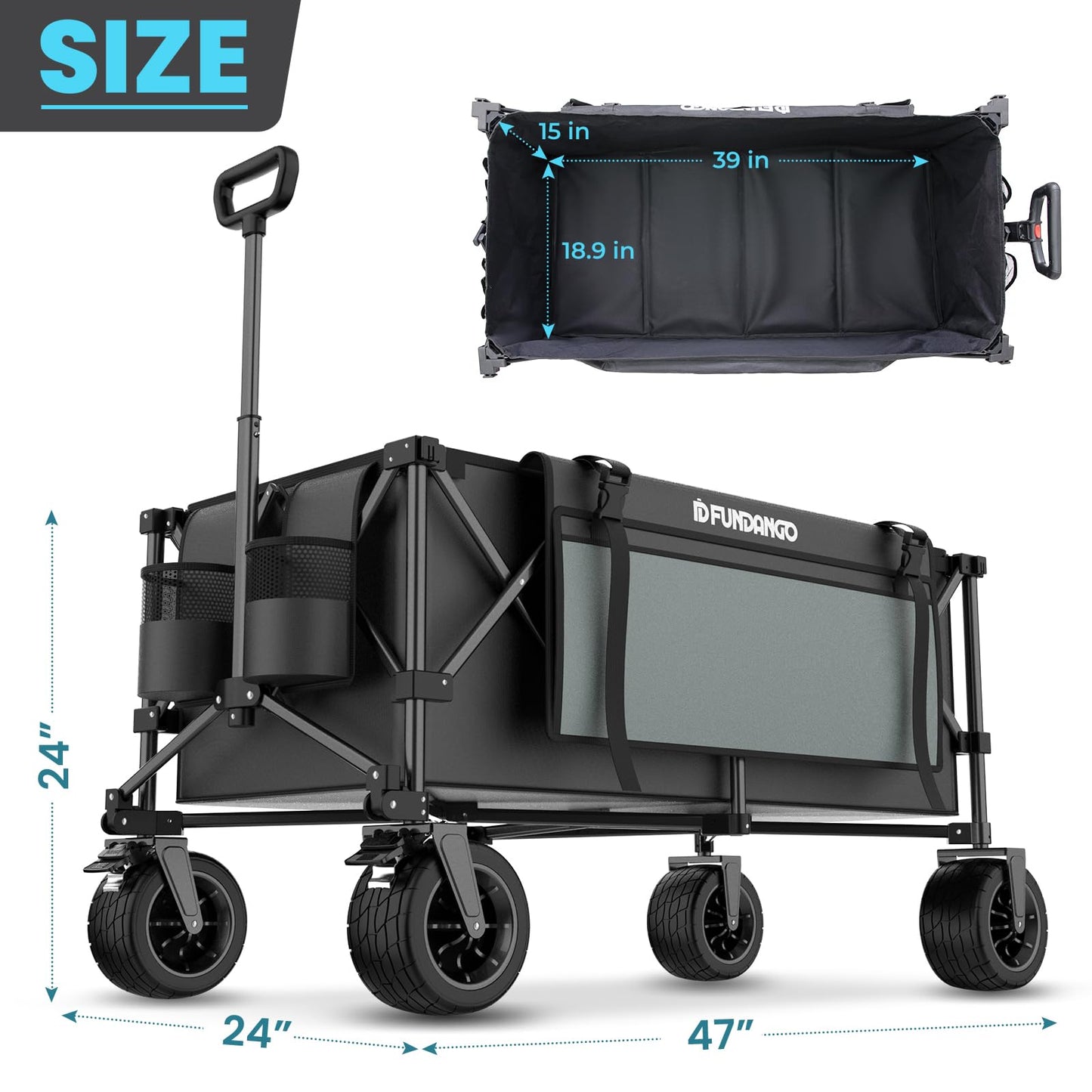 FUNDANGO Heavy Duty Collapsible Wagon 47" L x 24" W, 300L Large Capacity Foldable Cart with Big All-Terrain Wheels for Camping, Beach, Garden & Shopping
