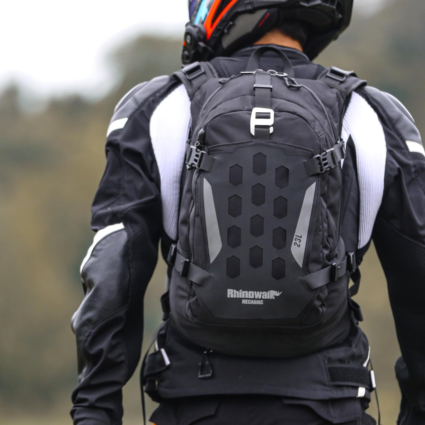 Rhinowalk Motorcycle Backpack Helmet Holder Hydration Bladder Compartment Magnetic Fastening Buckle MOLLE System Rain Cover – Multi-Purpose Sports Backpack for Cycling, Hiking, Running, Camping