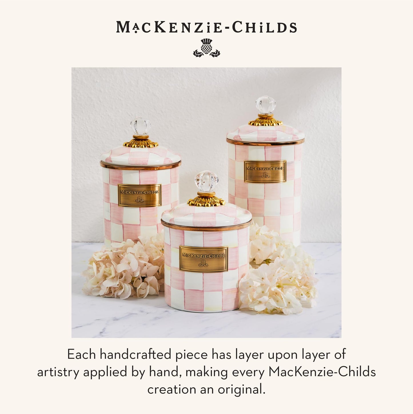 MACKENZIE-CHILDS Enamel Canisters, Small (38 oz.), Medium (48 oz.), and Large (64 oz.) Kitchen Storage Containers, Set of 3, Pink-and-White Rosy Check