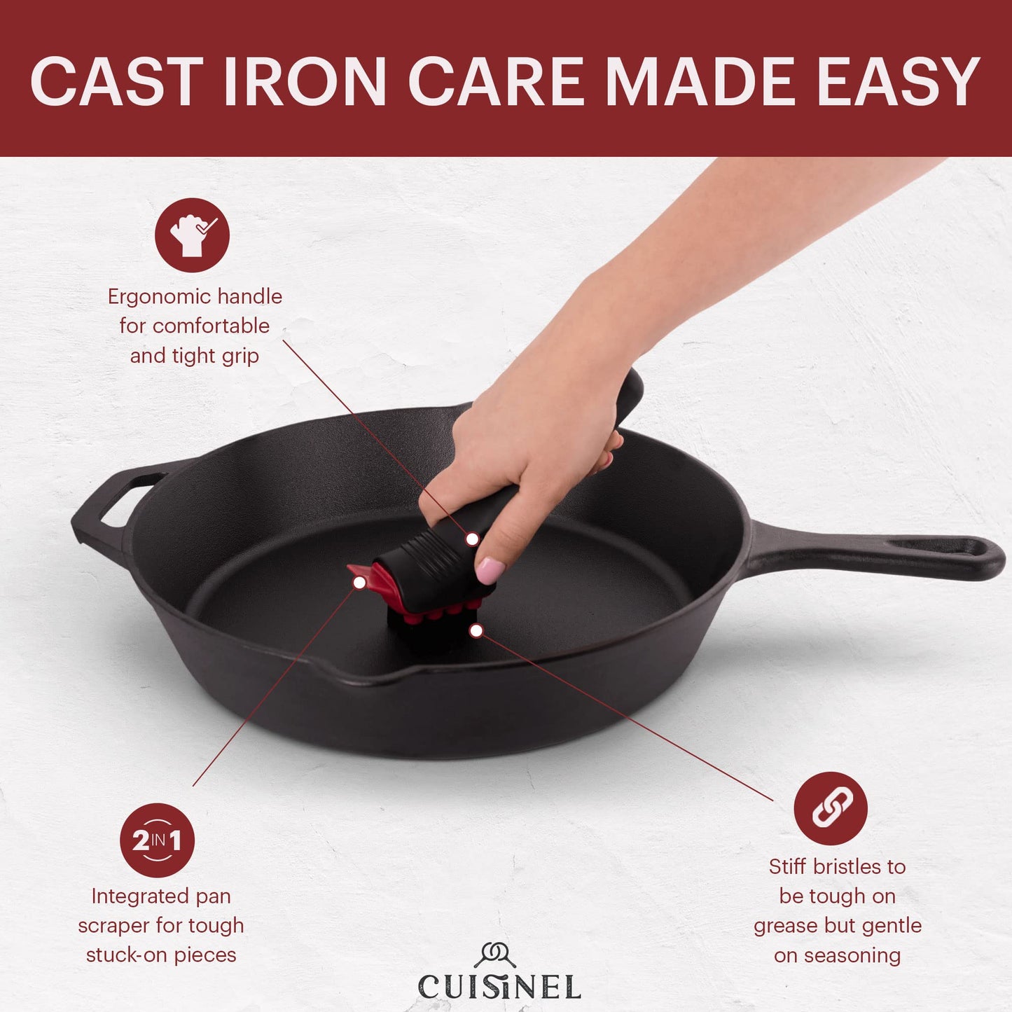 Cuisinel Cast Iron Cookware Set + Accessories - Skillets with Glass Lids + Pizza Pan + Pan Organizer Rack + Cleaning Scrub Brush