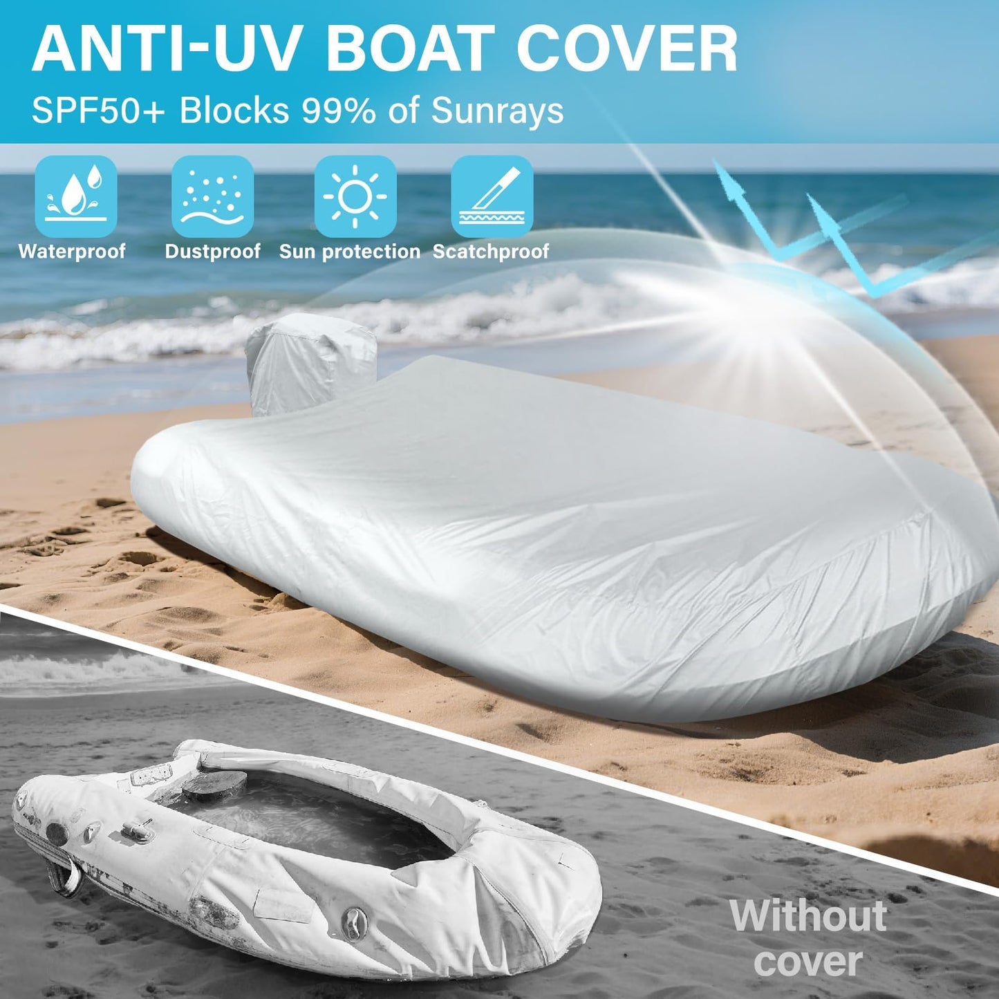 YimSting 1200D Inflatable Boat Cover with Motor Cover, 100% Waterproof Cover for Inflatable Dinghy 12-13 Feet,Anti UV Canvas with Hurricane Proof System for Storage, Mooring,Trailer,Sliver Gray