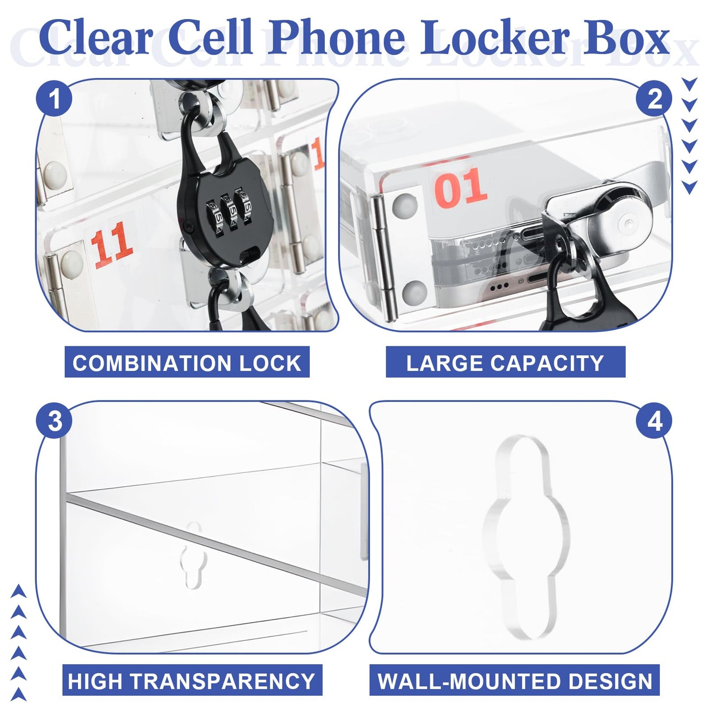 Colingmill 40 Slots Cell Phone Locker Box with Combination Lock, Clear Acrylic Phone Storage Cabinet for Back to School Classroom Students Employee Office Factory