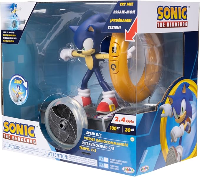 JAKKS Pacific Sonic The Hedgehog Speed RC Skateboard Vehicle with Gold Ring Controller – Light Up Wheels & 360 Spins Turbo Mode for Extra Boost 2.4GHz 100FT Range
